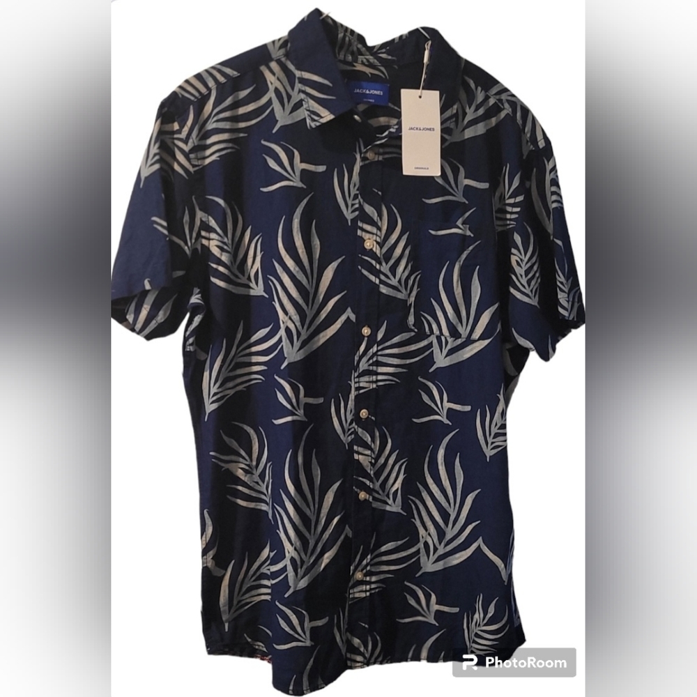 Jack & Jones Hawaiian Shirt JorJax Denim and Gray Palm Print, Size XL, NWT